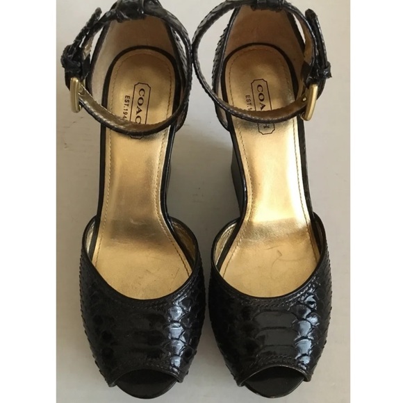 Coach Chocolate python leather open toe ankle strap wedge heels Sz 7B Women - Picture 11 of 14